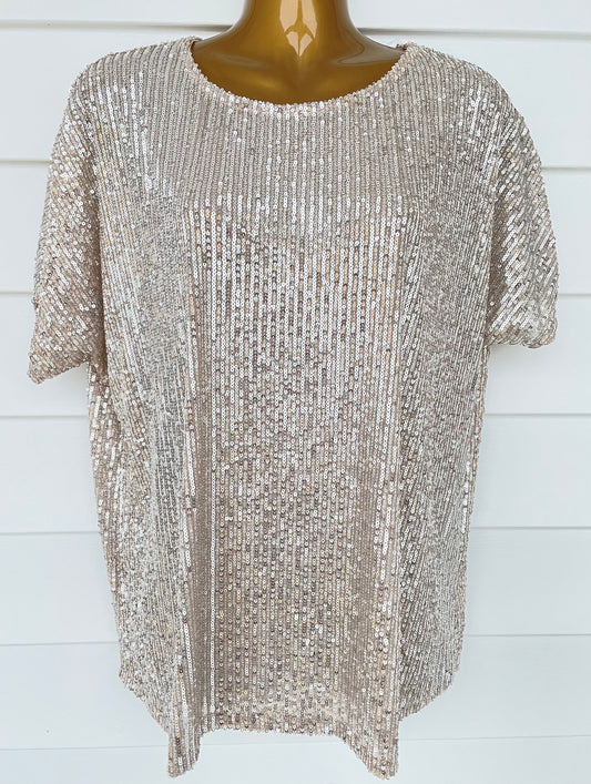 Tori Unlined Sequin Top-Taupe