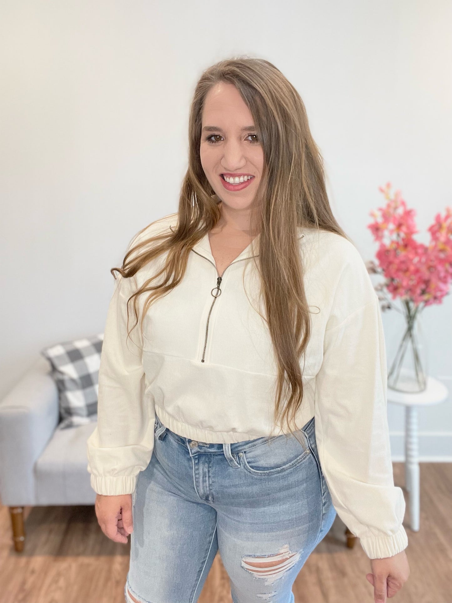 Ivory Cropped Ribbed Lightweight Jacket